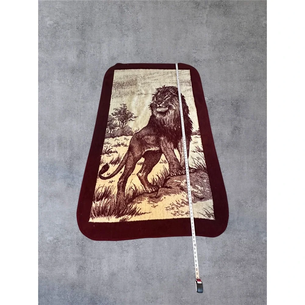 Vintage San Marcos Lion Blanket 81x50 Burgundy Plush Fleece Throw